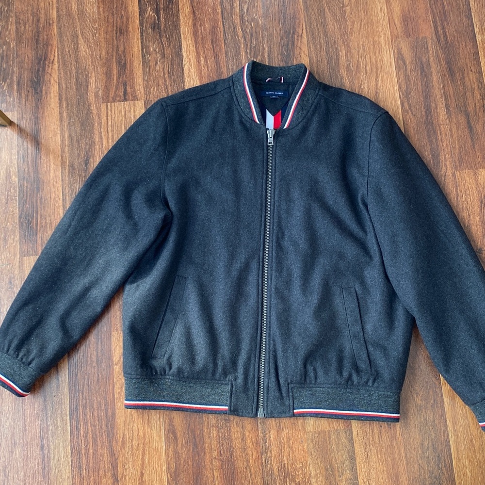 Tommy Hilfiger wool bomber jacket grey Zip up varsity jacket Sz XXL EUC